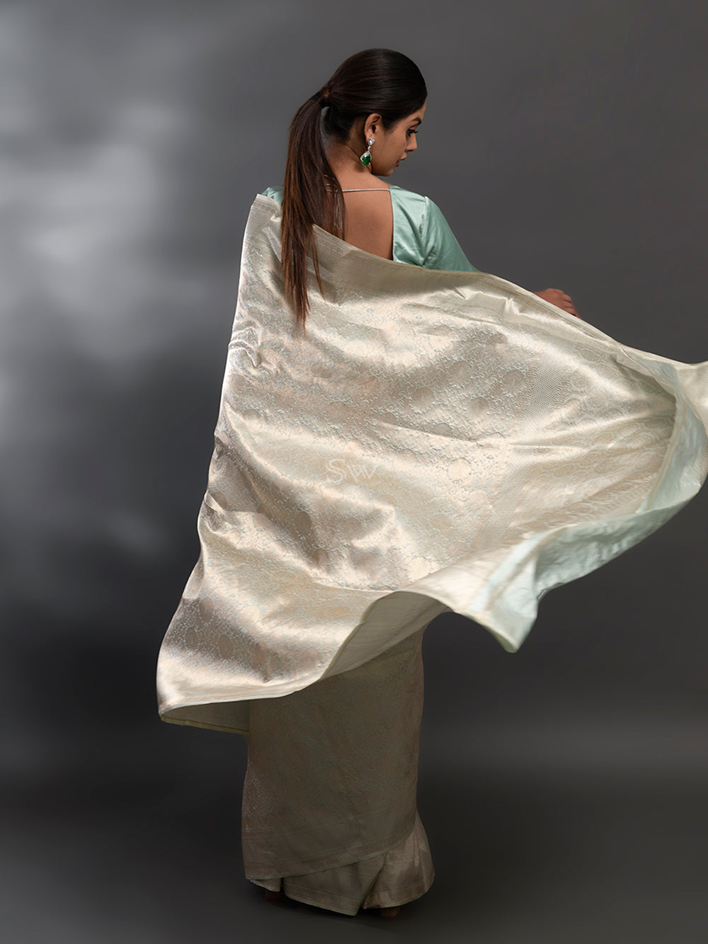 Pastel Mint Green Katan Silk Brocade Handloom Banarasi Saree - Sacred Weaves