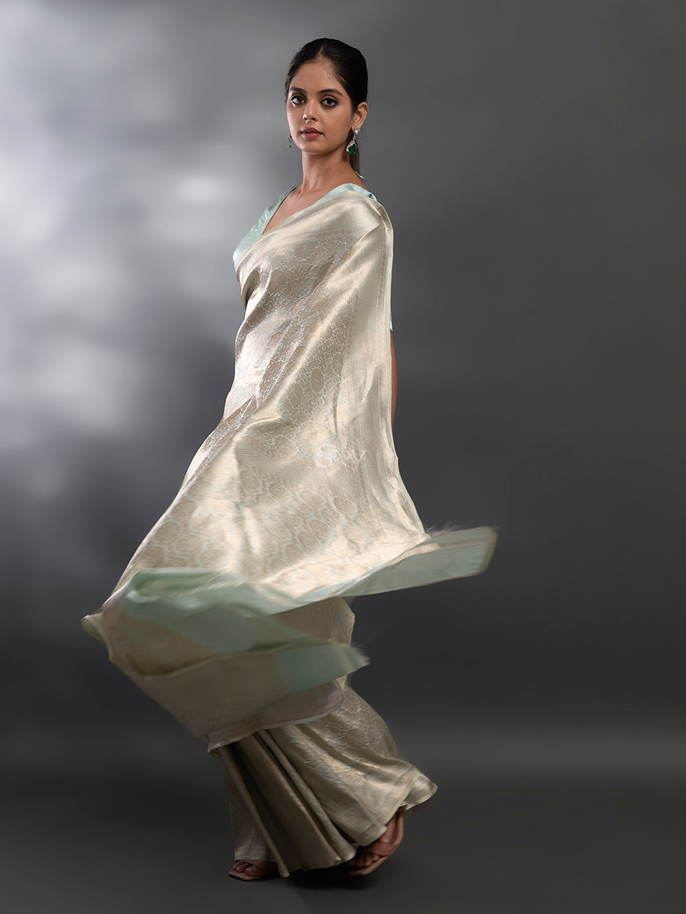 Pastel Mint Green Katan Silk Brocade Handloom Banarasi Saree - Sacred Weaves