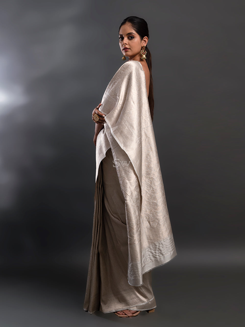 Grey Katan Silk Brocade Handloom Banarasi Saree - Sacred Weaves