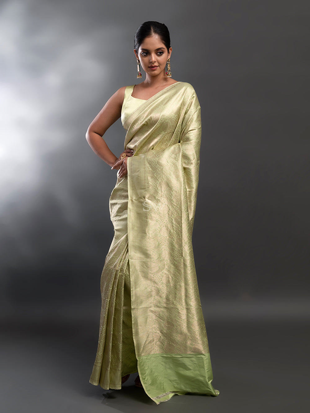 Pista Green Katan Silk Brocade Handloom Banarasi Saree - Sacred Weaves