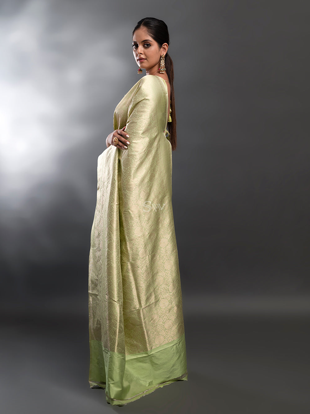 Pista Green Katan Silk Brocade Handloom Banarasi Saree - Sacred Weaves