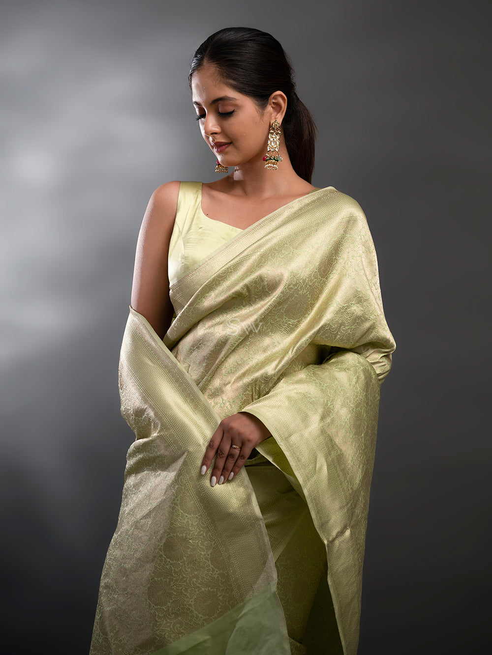 Pista Green Katan Silk Brocade Handloom Banarasi Saree - Sacred Weaves