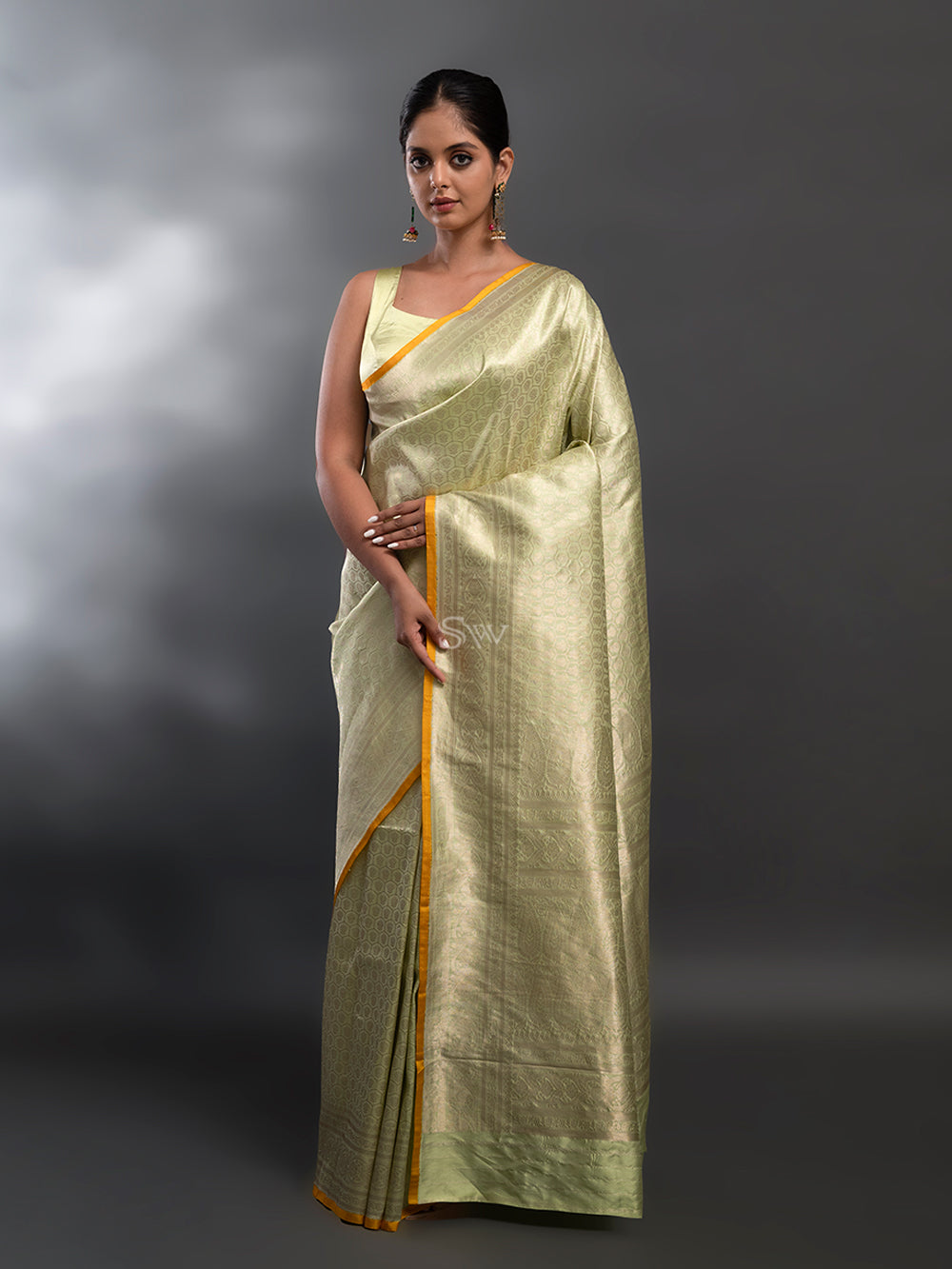 Pista Green Katan Silk Brocade Handloom Banarasi Saree - Sacred Weaves