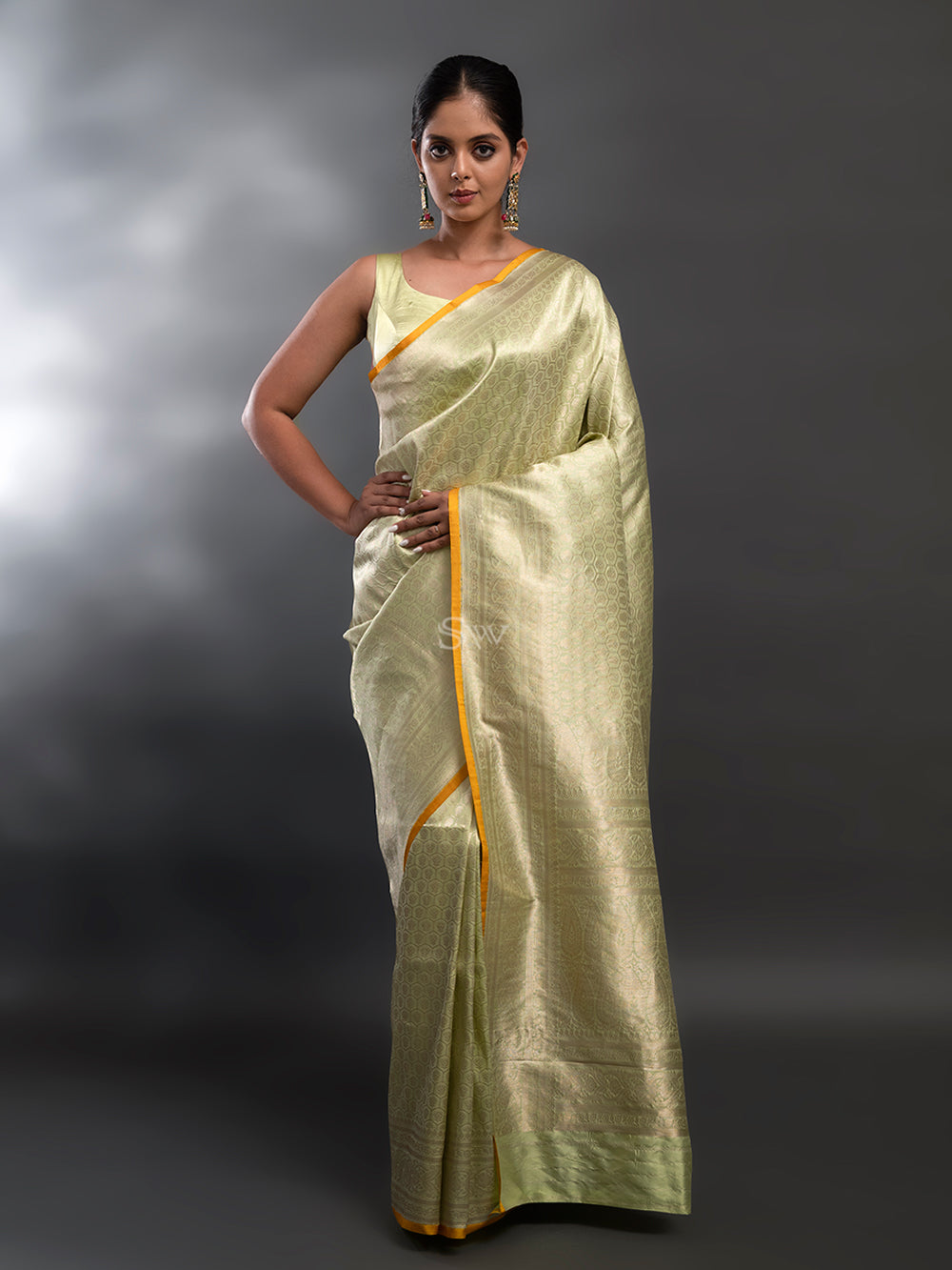 Pista Green Katan Silk Brocade Handloom Banarasi Saree - Sacred Weaves