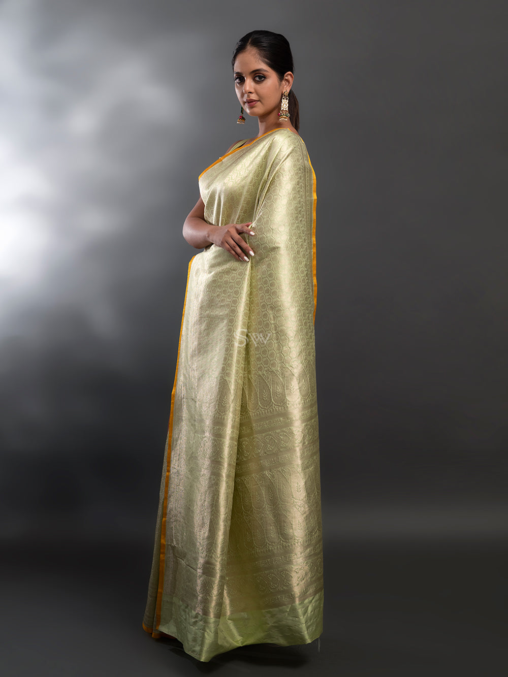 Pista Green Katan Silk Brocade Handloom Banarasi Saree - Sacred Weaves