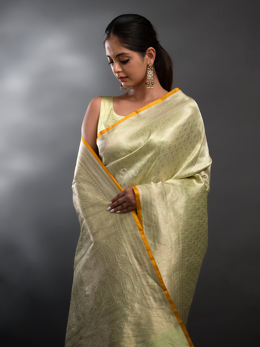 Pista Green Katan Silk Brocade Handloom Banarasi Saree - Sacred Weaves