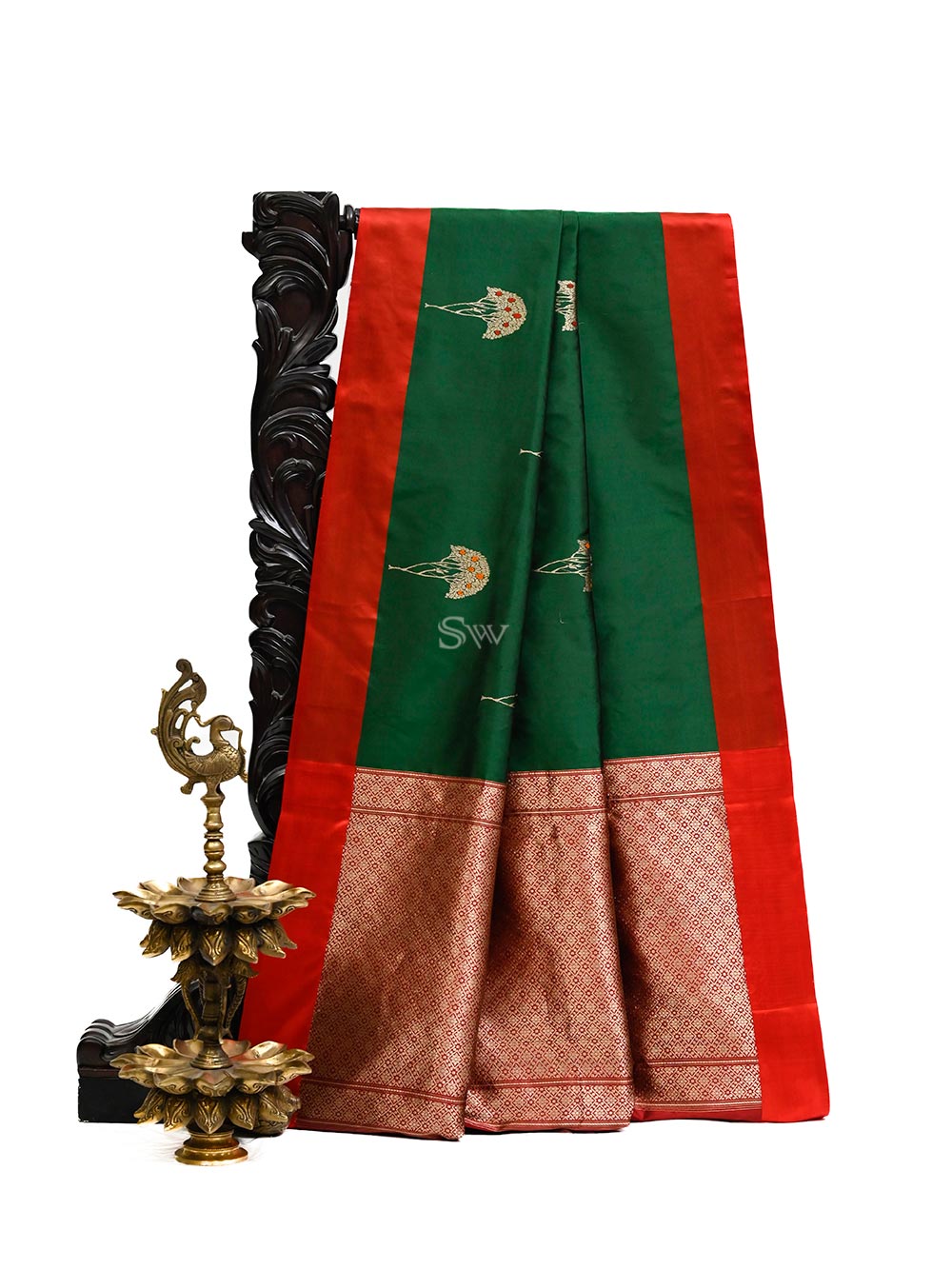 Bottle Green Meenakari Boota Katan Silk Handloom Banarasi Saree -Sacred Weaves