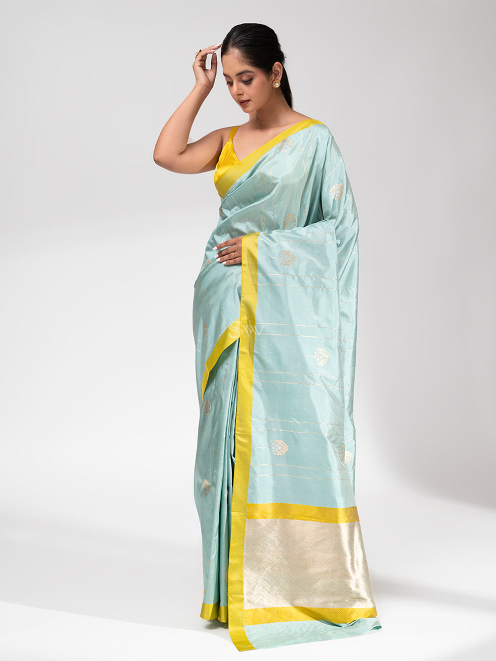 Mint Blue Stripe Katan Silk Handloom Banarasi Saree - Sacred Weaves