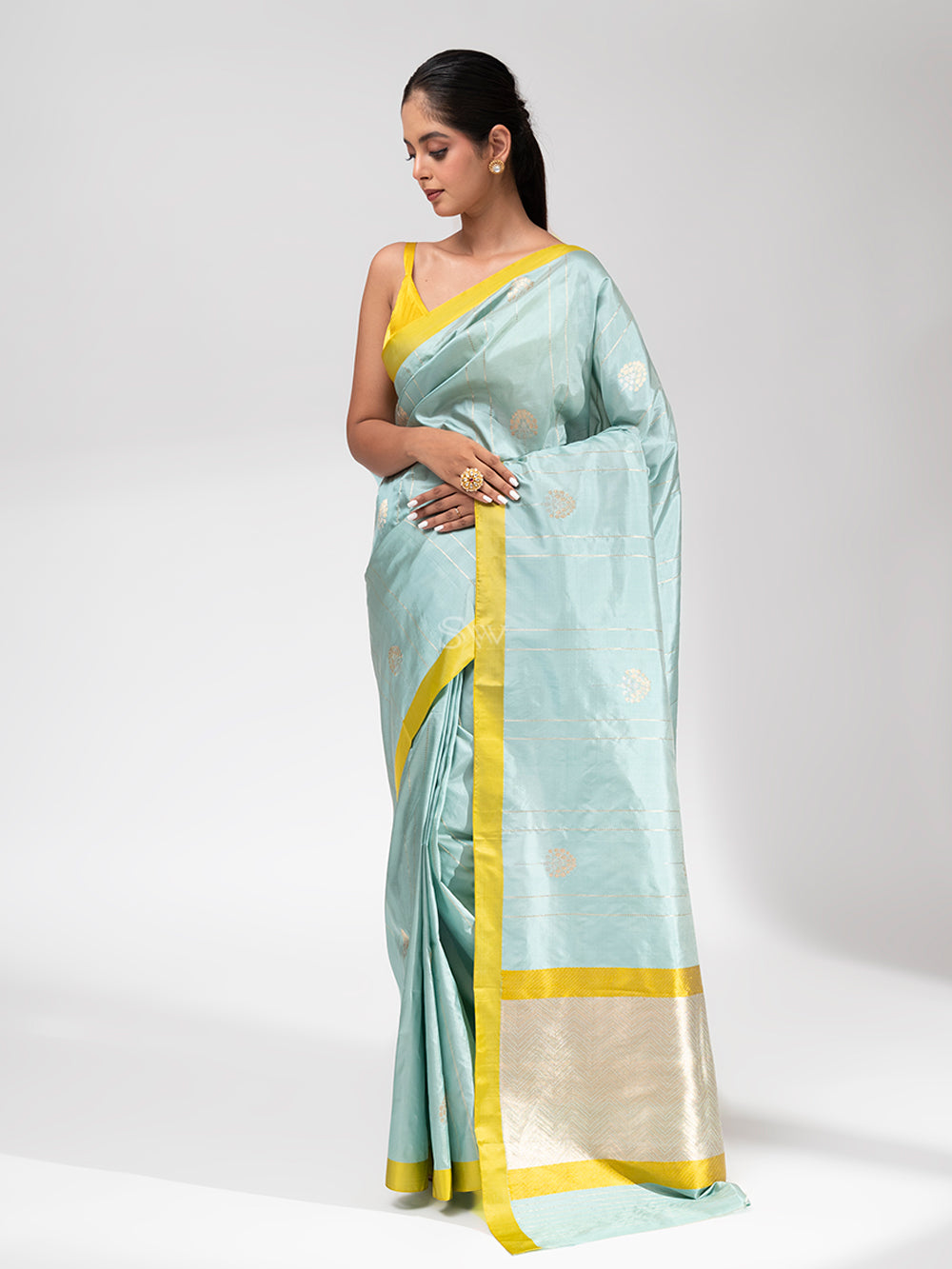 Mint Blue Stripe Katan Silk Handloom Banarasi Saree - Sacred Weaves