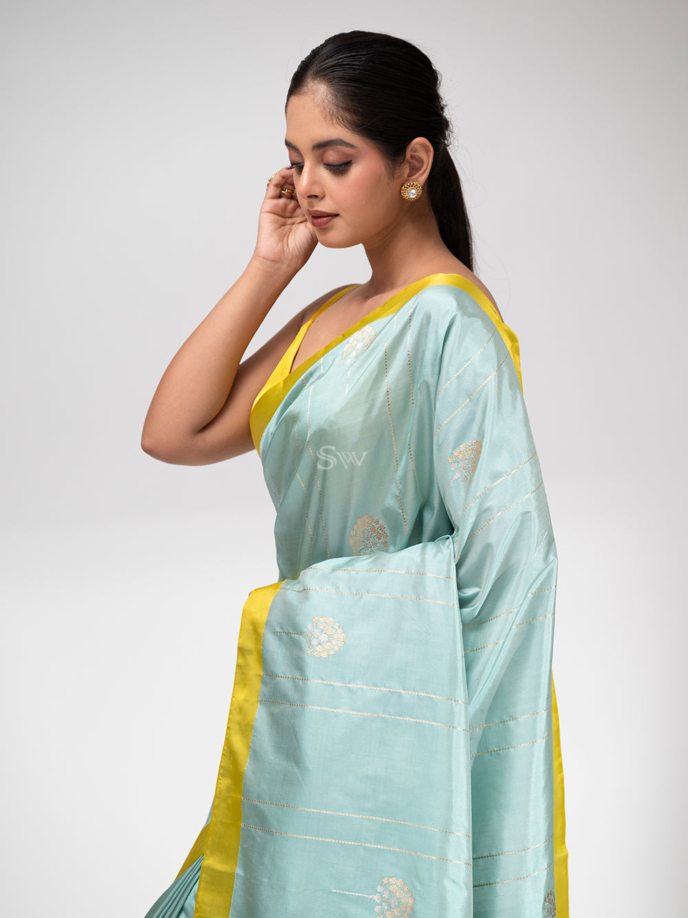 Mint Blue Stripe Katan Silk Handloom Banarasi Saree - Sacred Weaves