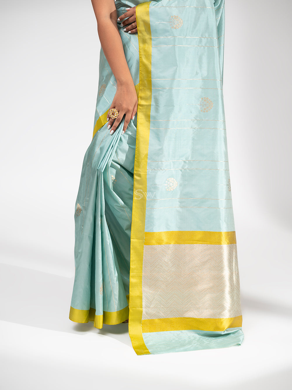 Mint Blue Stripe Katan Silk Handloom Banarasi Saree - Sacred Weaves