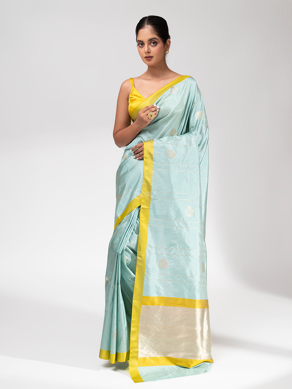 Mint Blue Stripe Katan Silk Handloom Banarasi Saree - Sacred Weaves