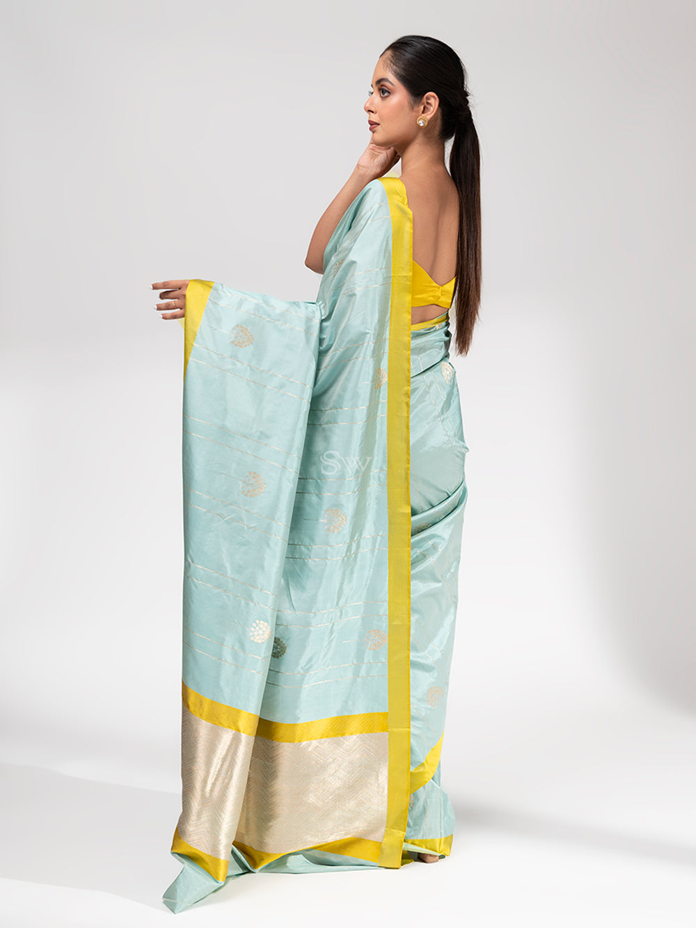 Mint Blue Stripe Katan Silk Handloom Banarasi Saree - Sacred Weaves