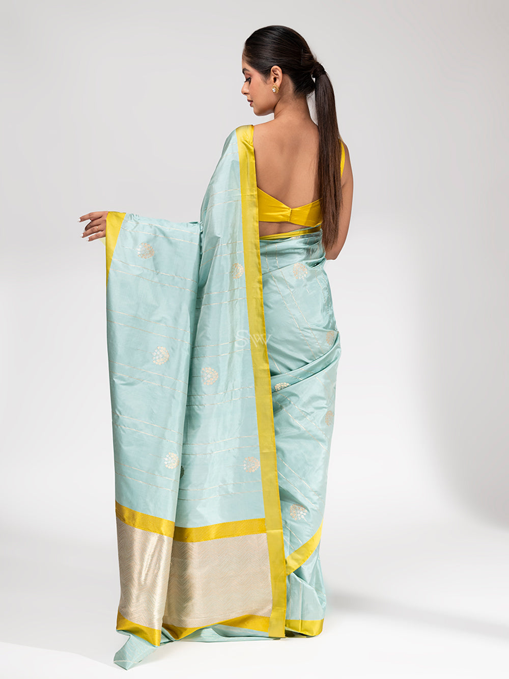 Mint Blue Stripe Katan Silk Handloom Banarasi Saree - Sacred Weaves