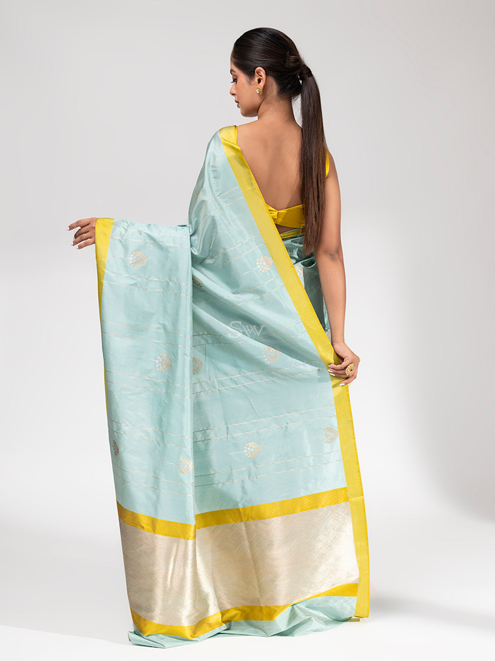 Mint Blue Stripe Katan Silk Handloom Banarasi Saree - Sacred Weaves