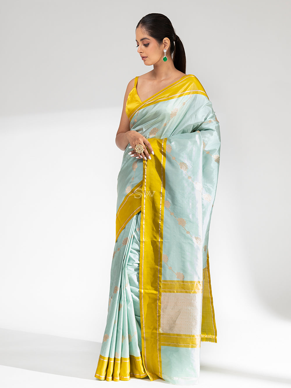 Mint Blue Stripe Katan Silk Handloom Banarasi Saree - Sacred Weaves