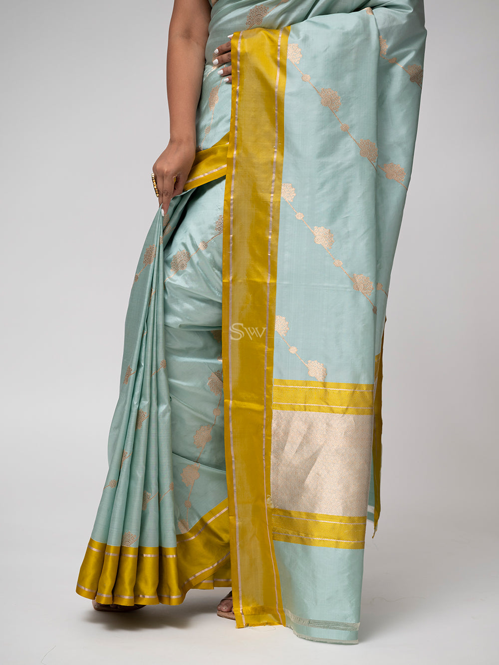 Mint Blue Stripe Katan Silk Handloom Banarasi Saree - Sacred Weaves
