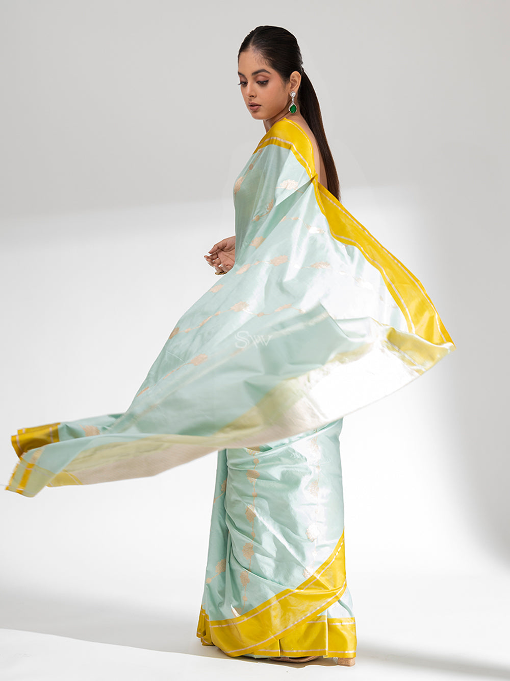 Mint Blue Stripe Katan Silk Handloom Banarasi Saree - Sacred Weaves