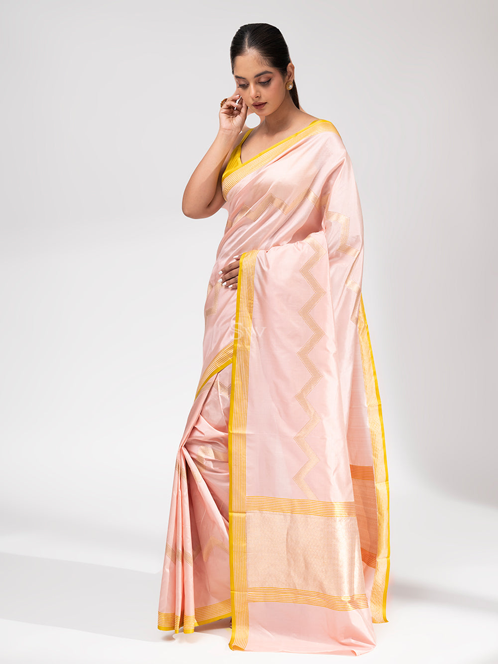 Pastel Pink Stripe Katan Silk Handloom Banarasi Saree - Sacred Weaves