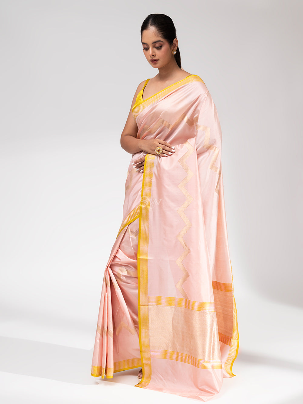 Pastel Pink Stripe Katan Silk Handloom Banarasi Saree - Sacred Weaves