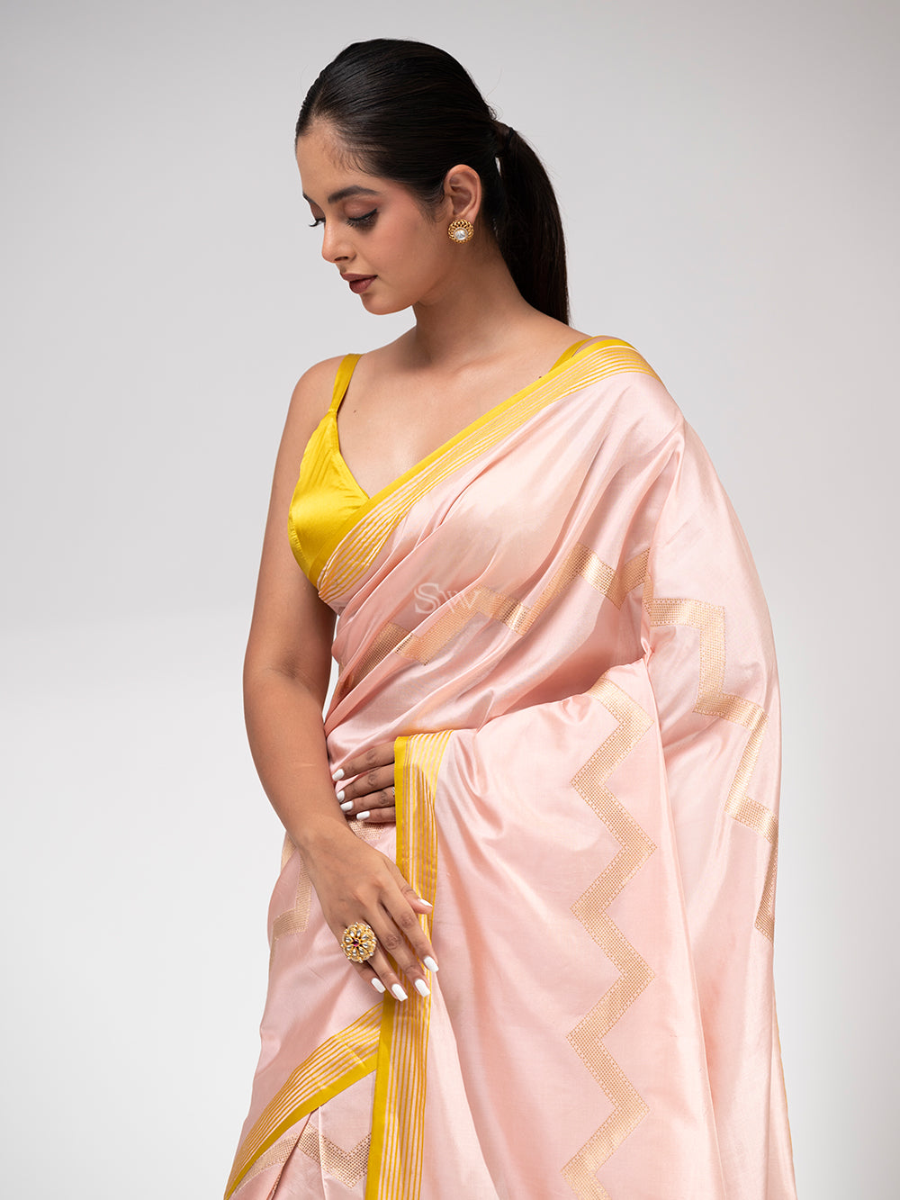 Pastel Pink Stripe Katan Silk Handloom Banarasi Saree - Sacred Weaves