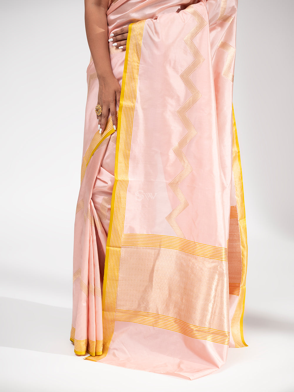 Pastel Pink Stripe Katan Silk Handloom Banarasi Saree - Sacred Weaves