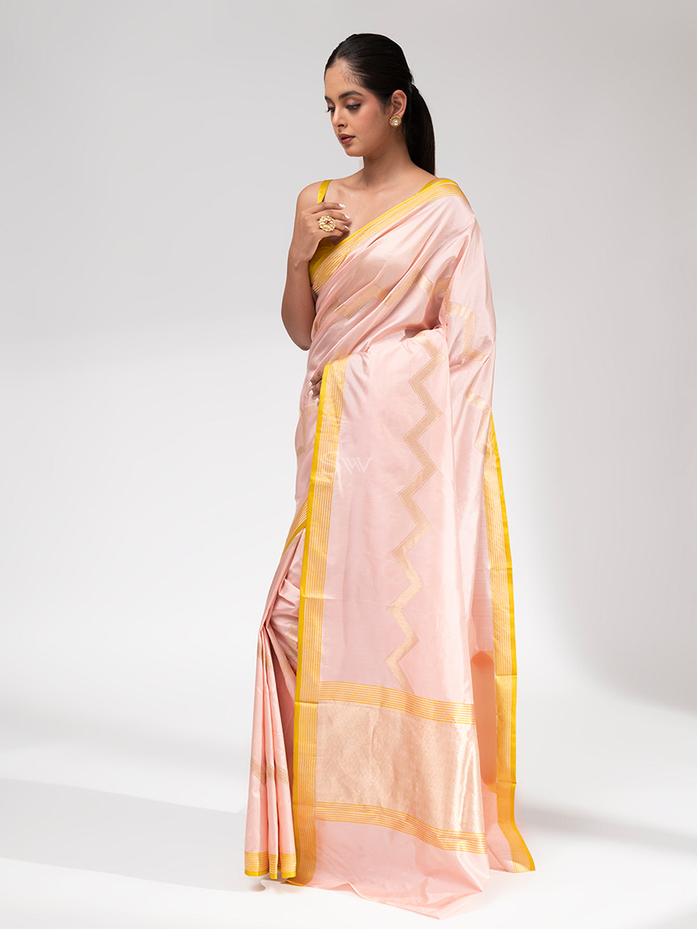 Pastel Pink Stripe Katan Silk Handloom Banarasi Saree - Sacred Weaves