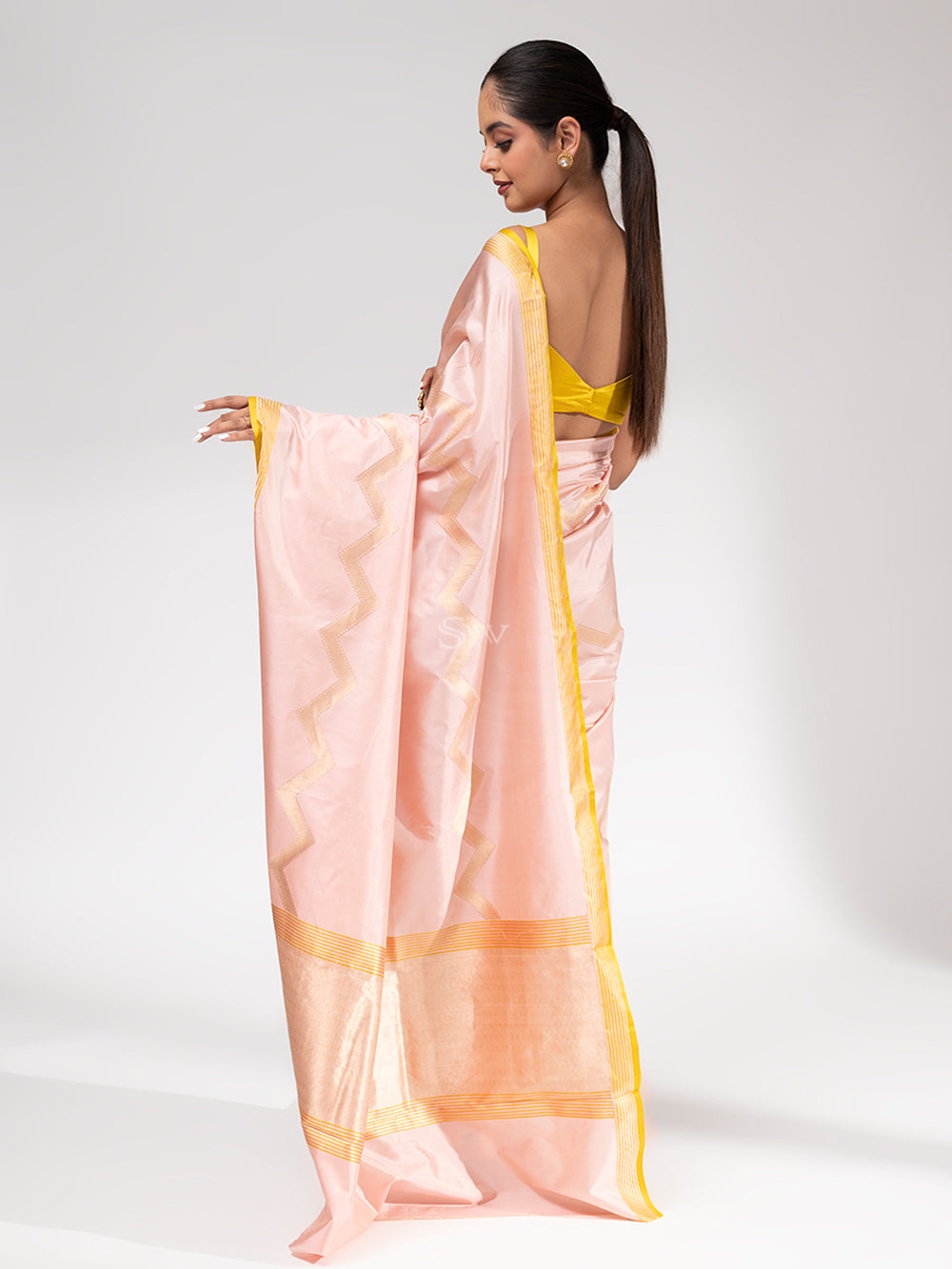 Pastel Pink Stripe Katan Silk Handloom Banarasi Saree - Sacred Weaves