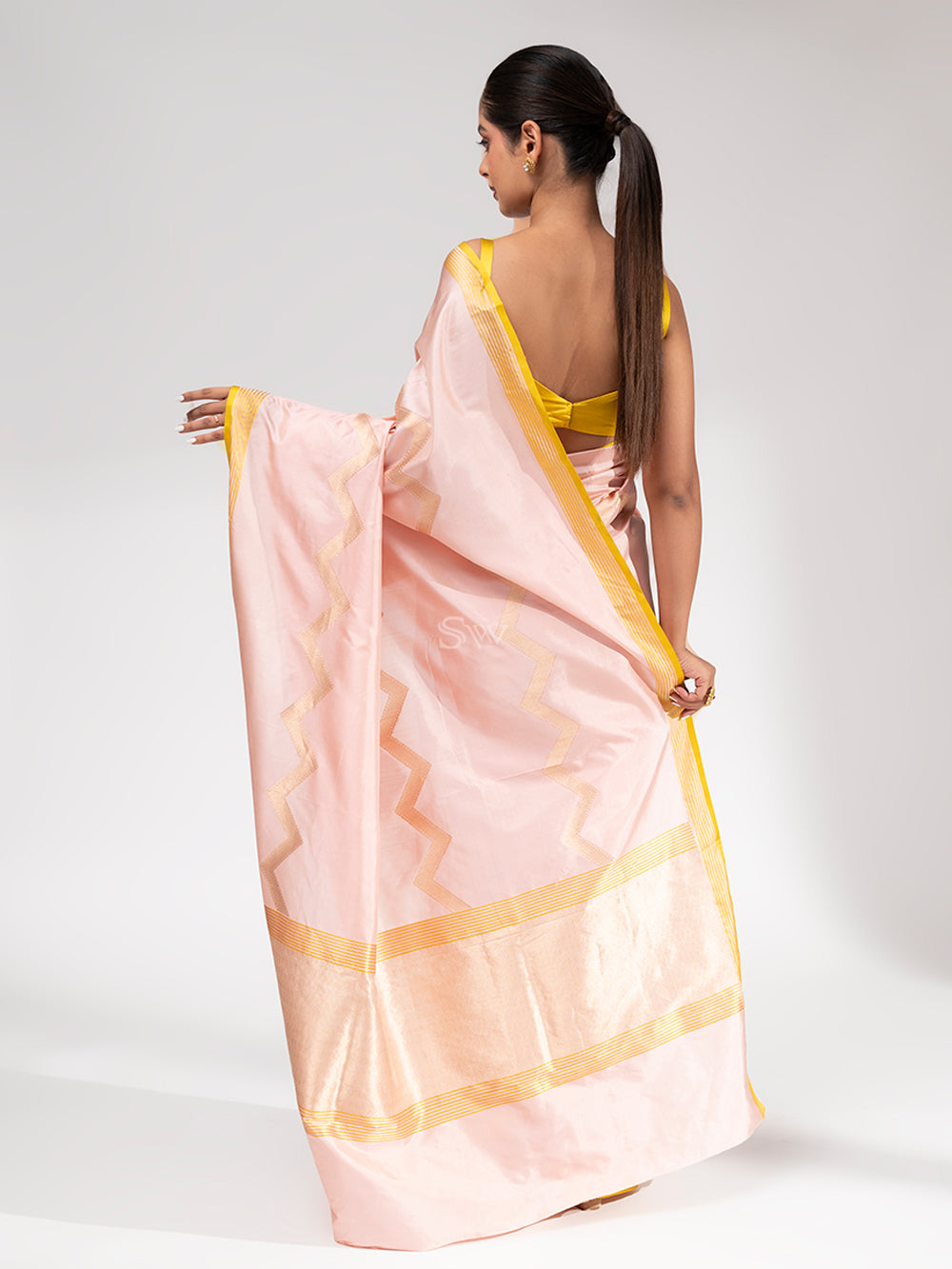 Pastel Pink Stripe Katan Silk Handloom Banarasi Saree - Sacred Weaves