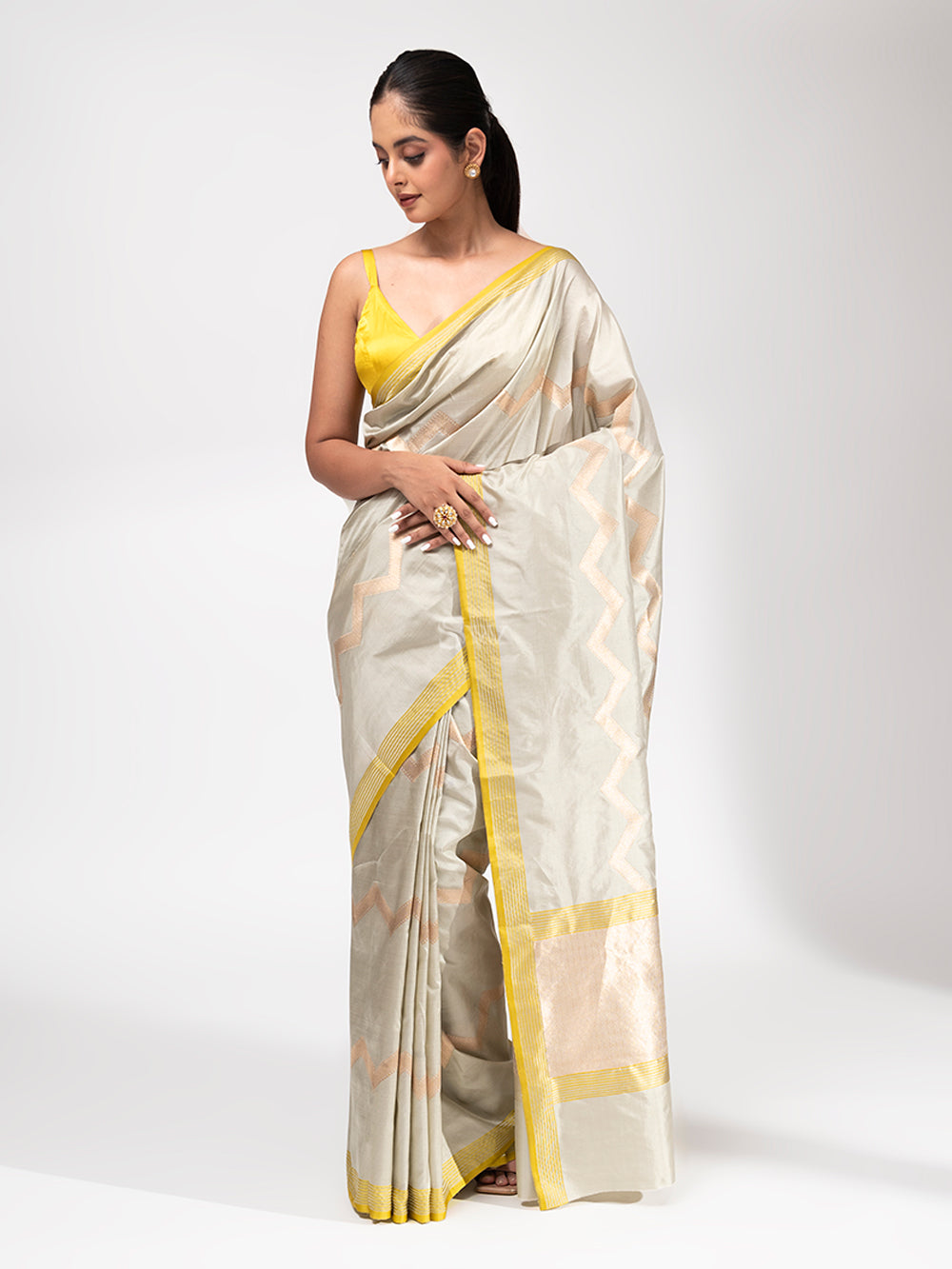 Pastel Olive Green Stripe Katan Silk Handloom Banarasi Saree - Sacred Weaves