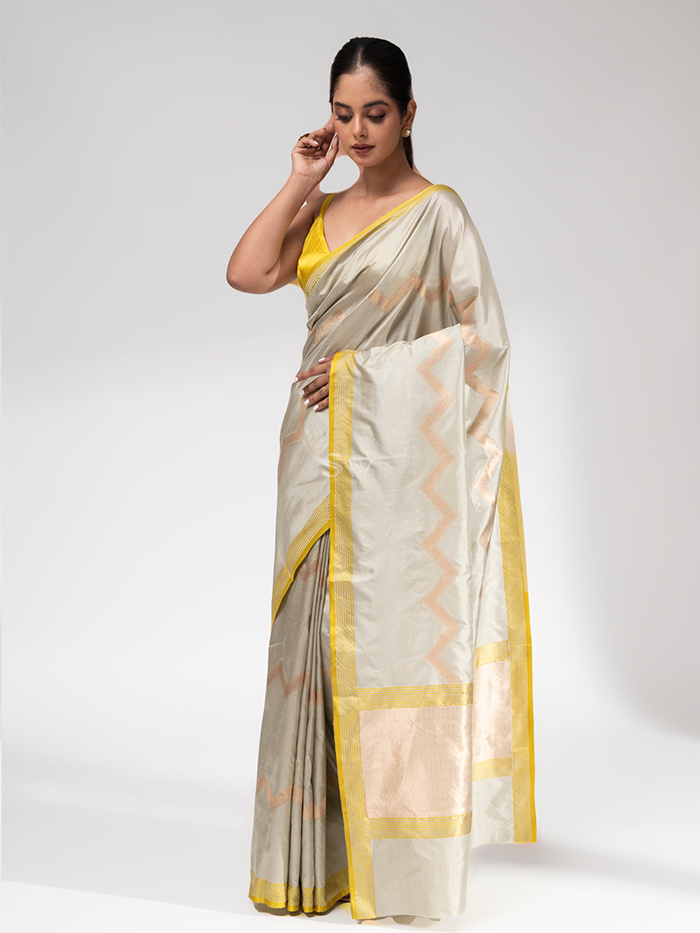 Pastel Olive Green Stripe Katan Silk Handloom Banarasi Saree - Sacred Weaves