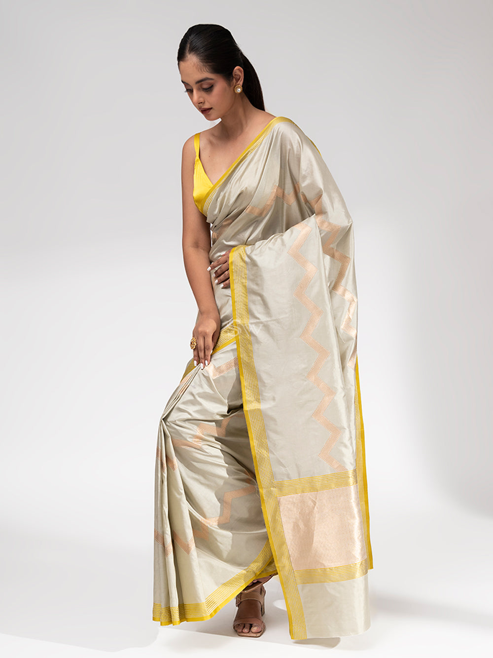 Pastel Olive Green Stripe Katan Silk Handloom Banarasi Saree - Sacred Weaves