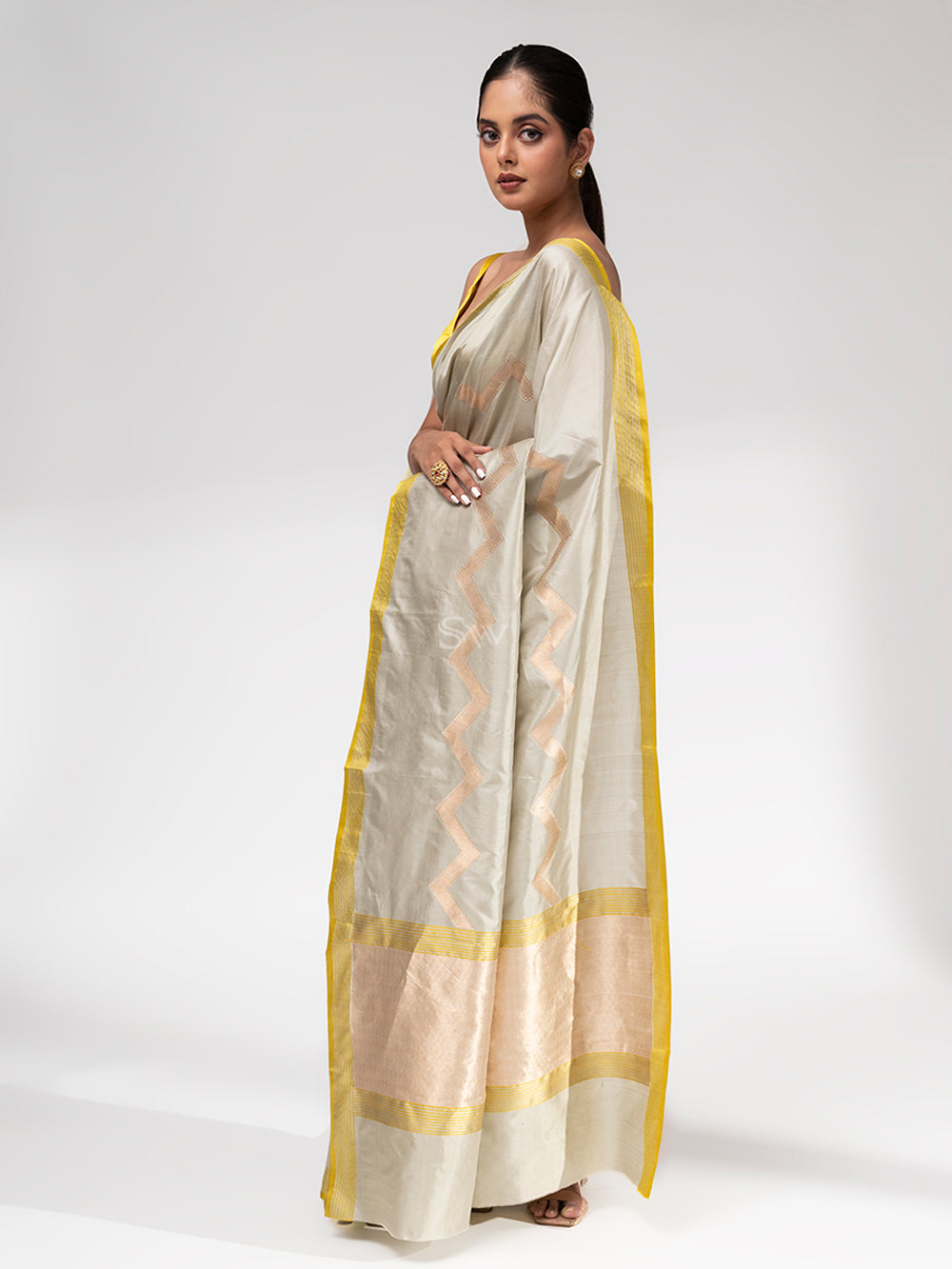 Pastel Olive Green Stripe Katan Silk Handloom Banarasi Saree - Sacred Weaves