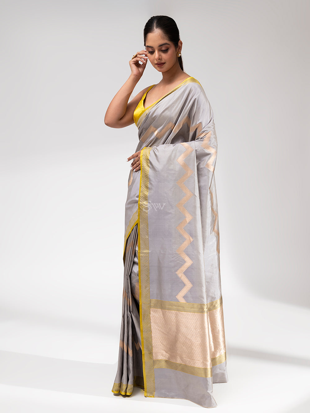 Grey Stripe Katan Silk Handloom Banarasi Saree - Sacred Weaves