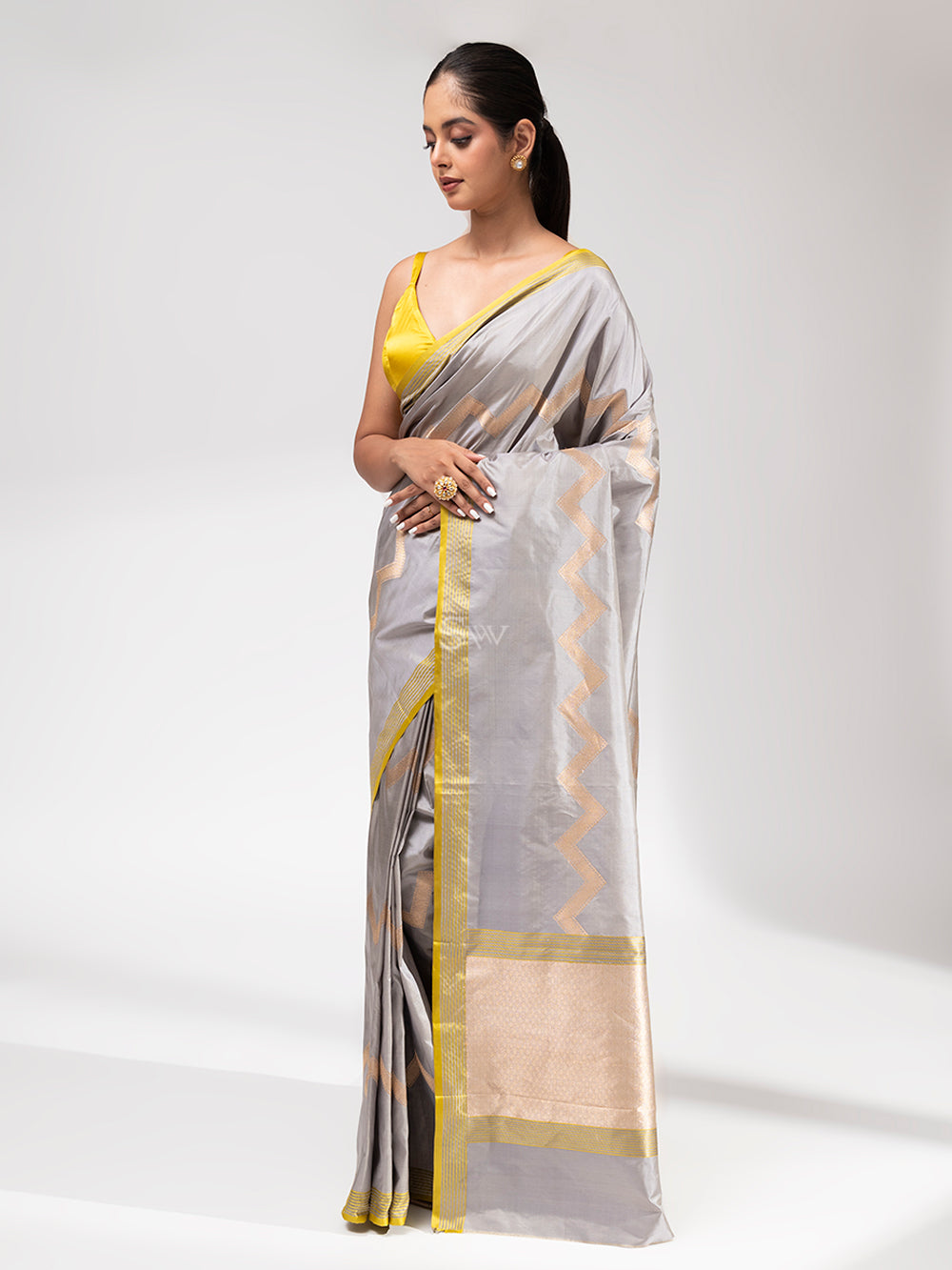 Grey Stripe Katan Silk Handloom Banarasi Saree - Sacred Weaves