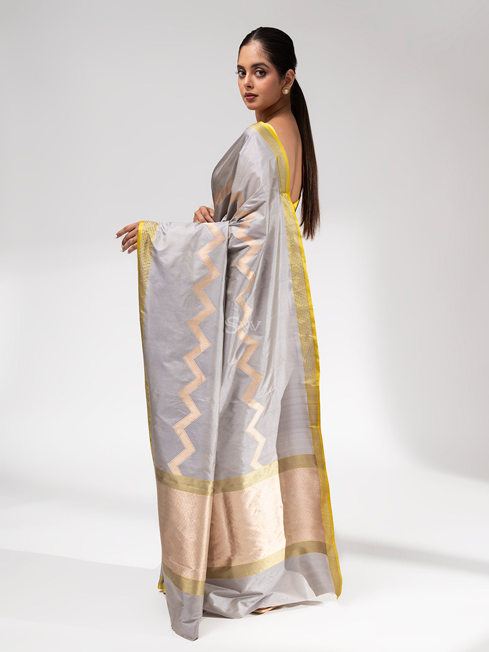 Grey Stripe Katan Silk Handloom Banarasi Saree - Sacred Weaves