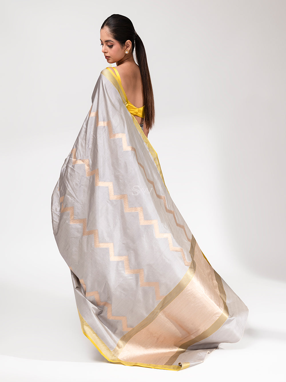 Grey Stripe Katan Silk Handloom Banarasi Saree - Sacred Weaves