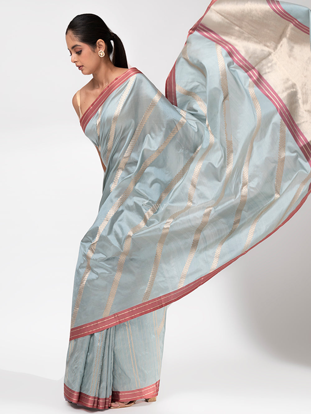 Mint Blue Stripe Katan Silk Handloom Banarasi Saree - Sacred Weaves