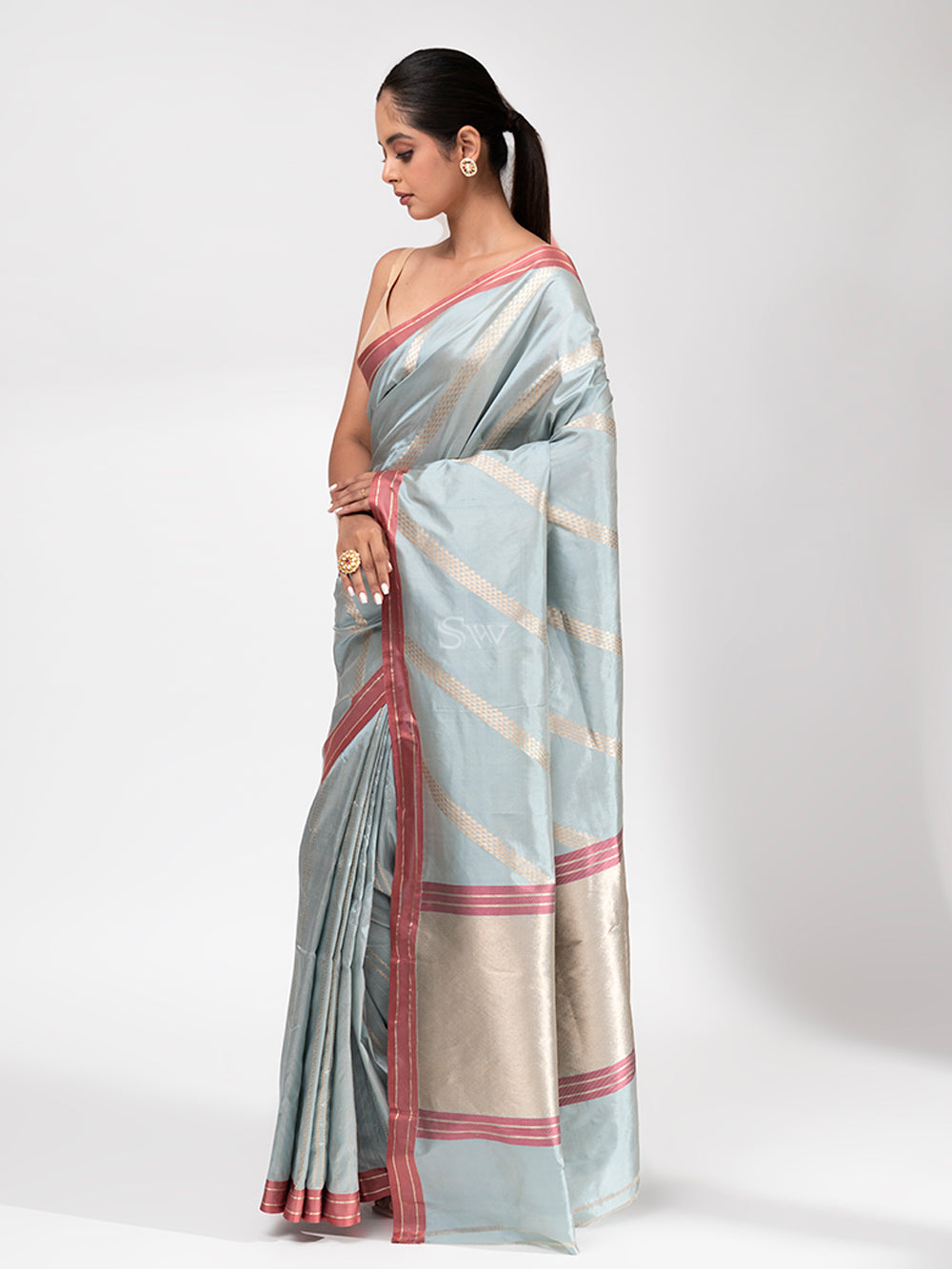Mint Blue Stripe Katan Silk Handloom Banarasi Saree - Sacred Weaves