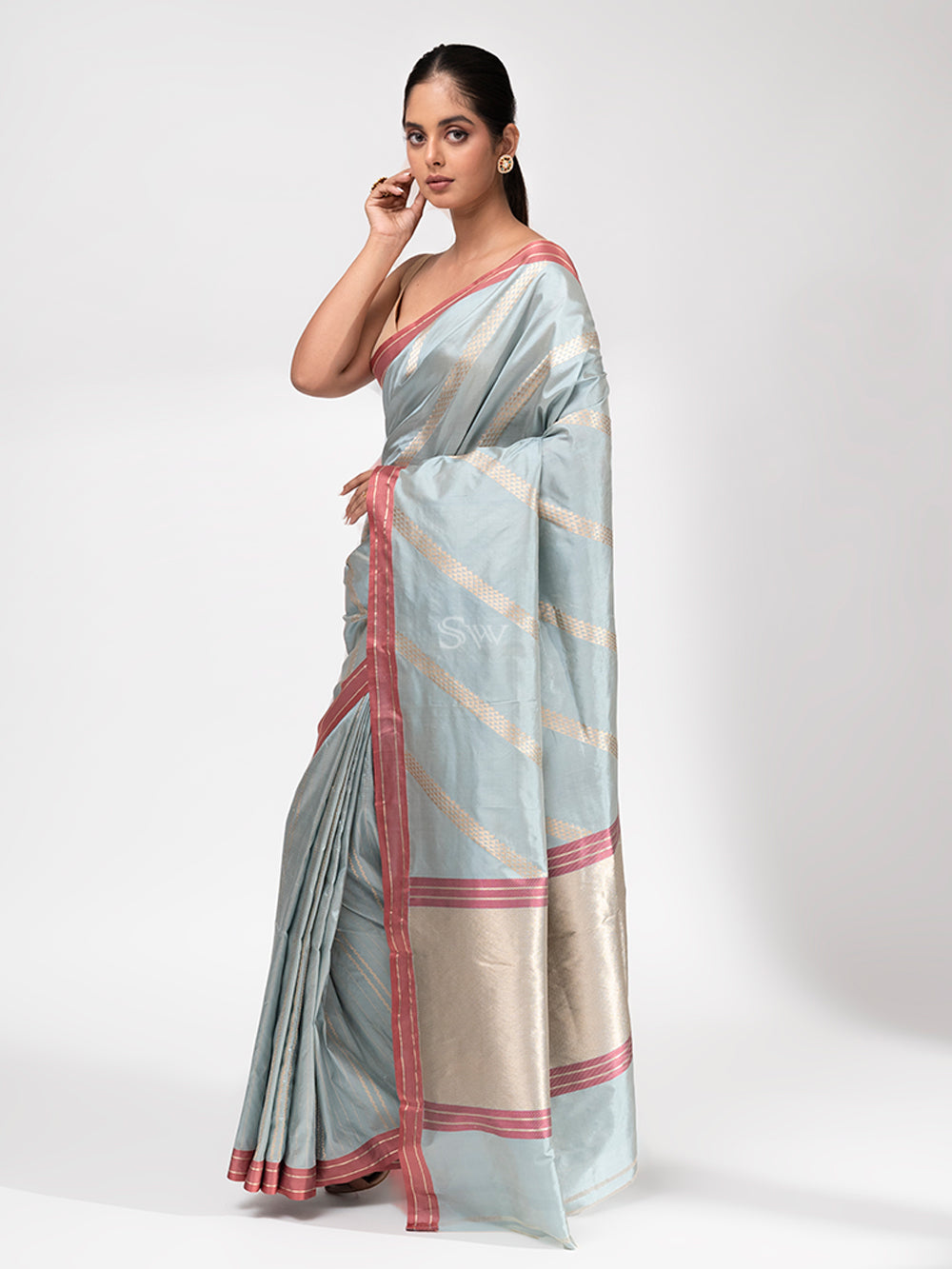 Mint Blue Stripe Katan Silk Handloom Banarasi Saree - Sacred Weaves