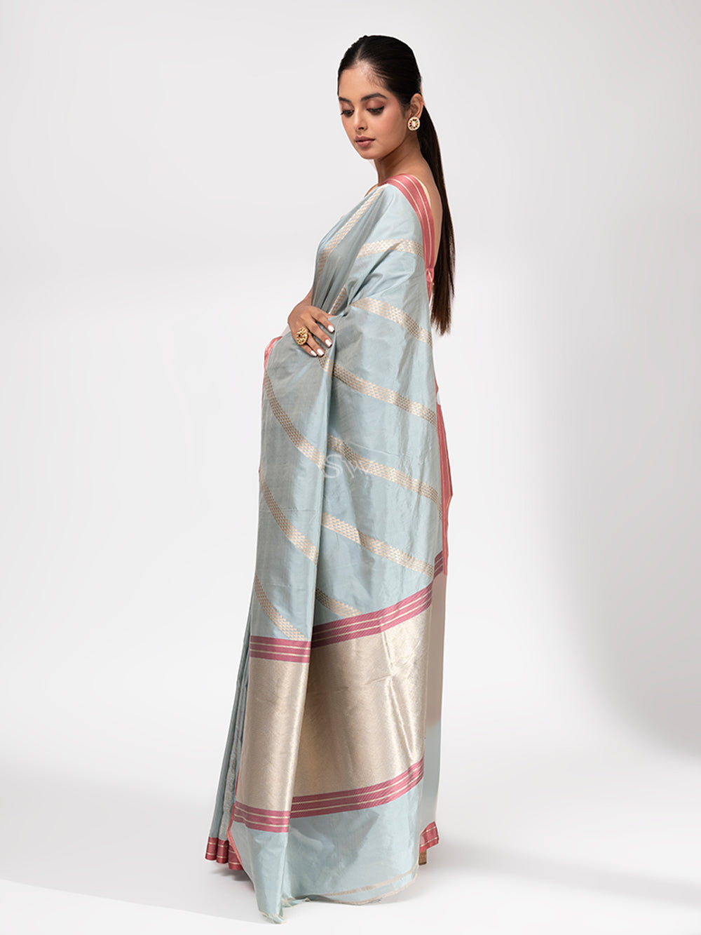 Mint Blue Stripe Katan Silk Handloom Banarasi Saree - Sacred Weaves