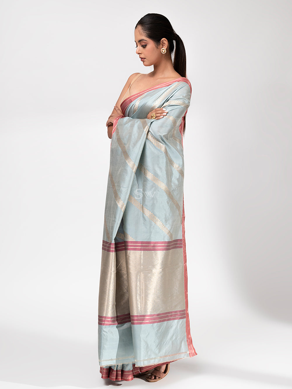 Mint Blue Stripe Katan Silk Handloom Banarasi Saree - Sacred Weaves