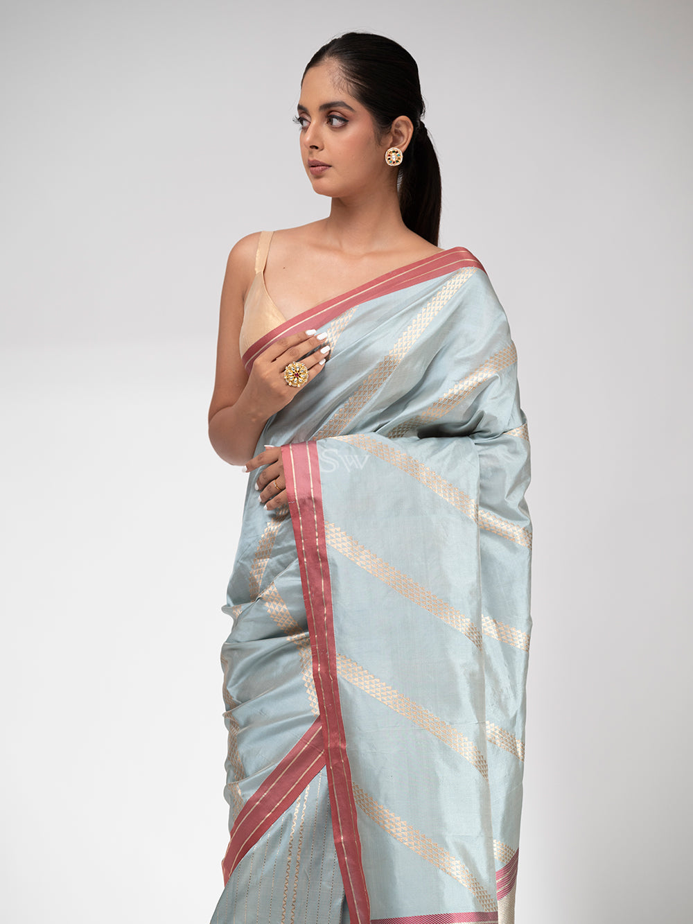 Mint Blue Stripe Katan Silk Handloom Banarasi Saree - Sacred Weaves