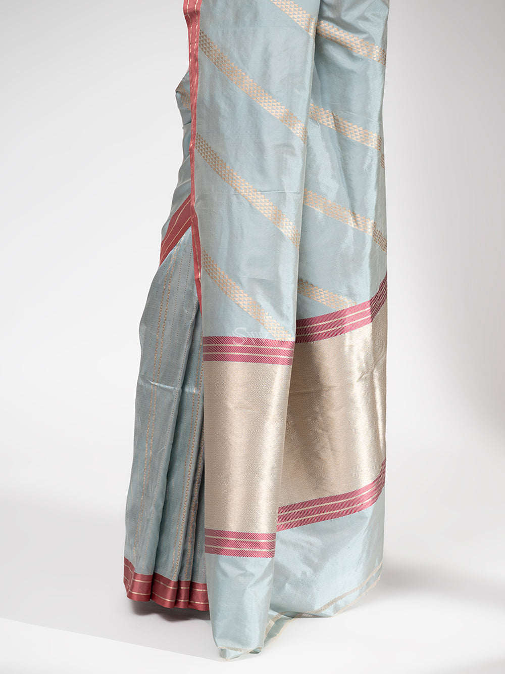 Mint Blue Stripe Katan Silk Handloom Banarasi Saree - Sacred Weaves