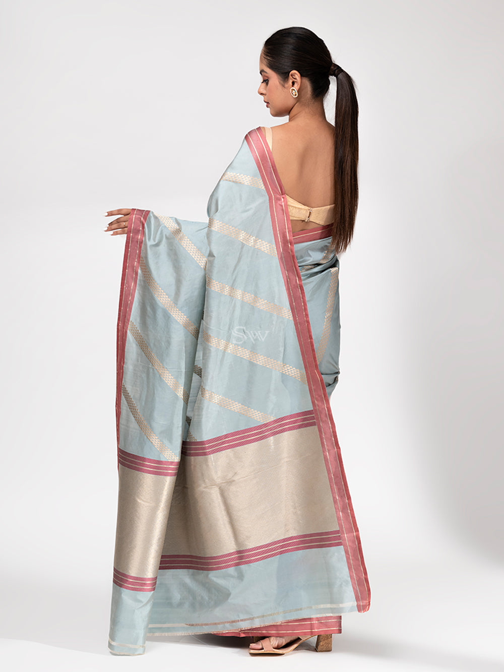 Mint Blue Stripe Katan Silk Handloom Banarasi Saree - Sacred Weaves