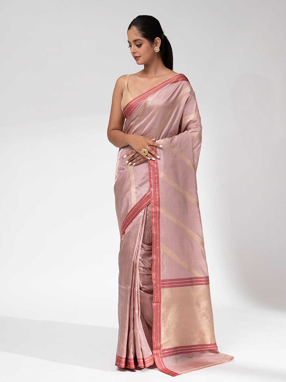 Dusty Pink Stripe Katan Silk Handloom Banarasi Saree - Sacred Weaves