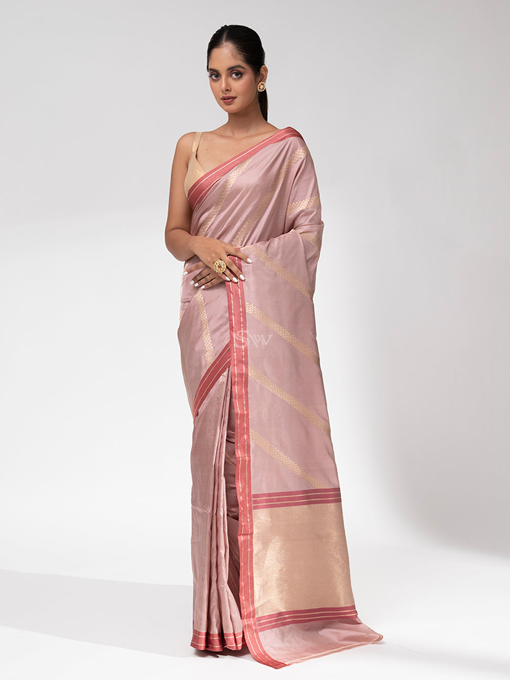 Dusty Pink Stripe Katan Silk Handloom Banarasi Saree - Sacred Weaves