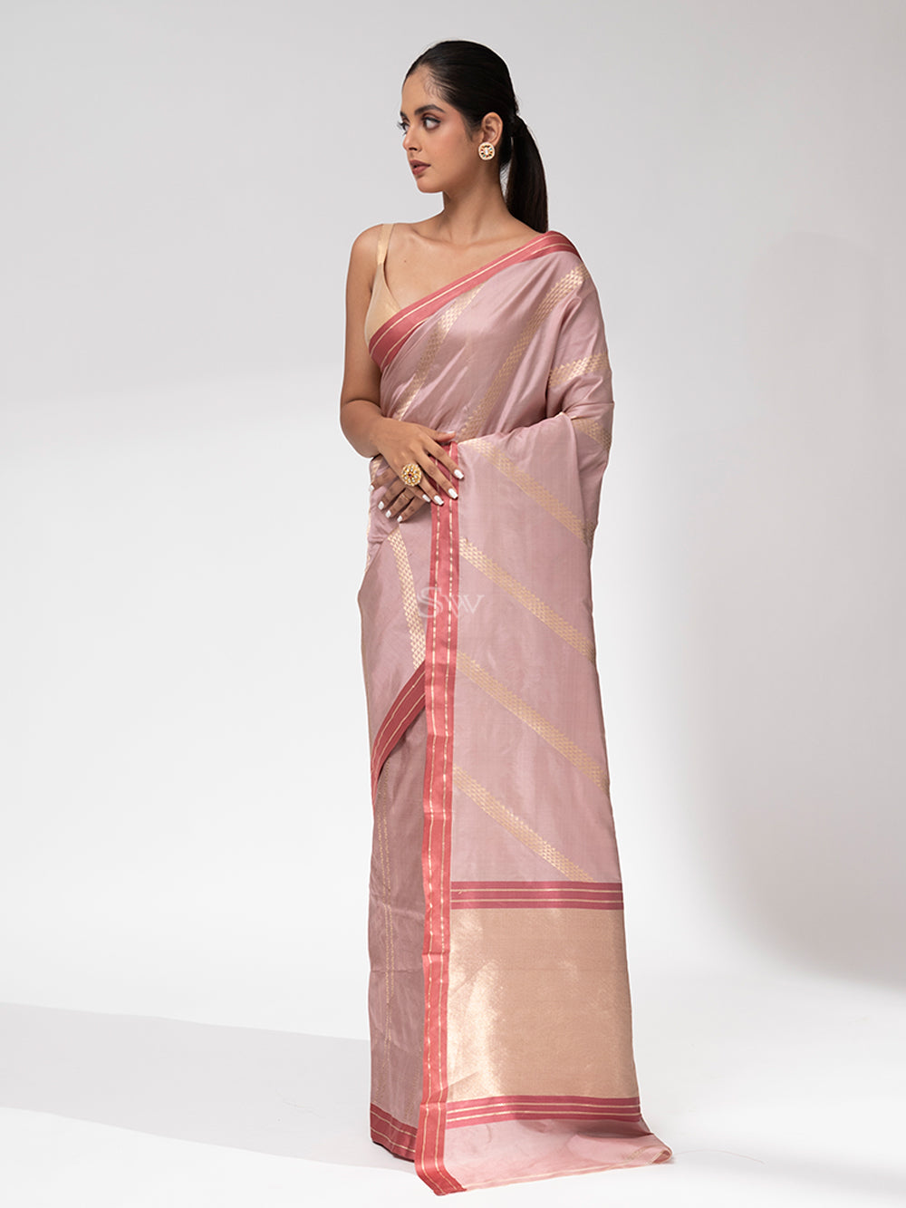 Dusty Pink Stripe Katan Silk Handloom Banarasi Saree - Sacred Weaves
