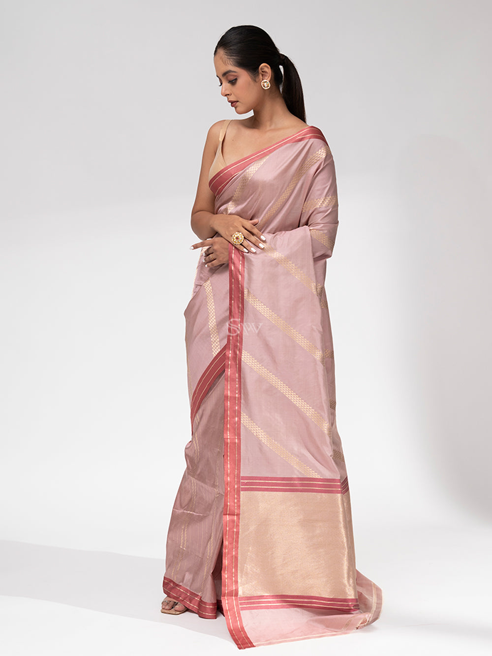 Dusty Pink Stripe Katan Silk Handloom Banarasi Saree - Sacred Weaves