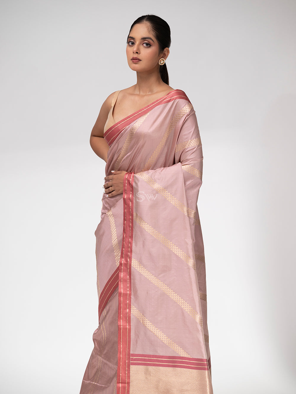 Dusty Pink Stripe Katan Silk Handloom Banarasi Saree - Sacred Weaves